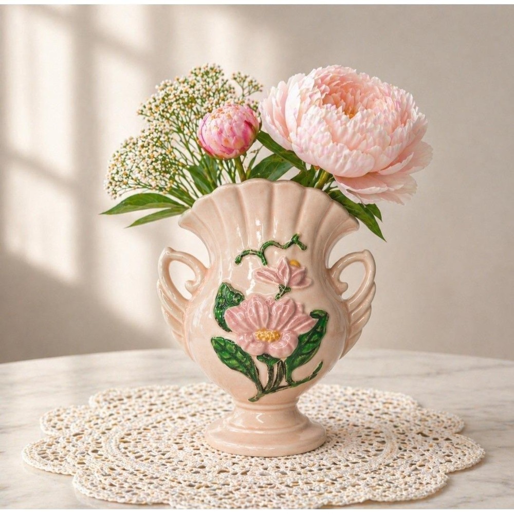 Vintage Hull Art Pottery Pink Double Handle Vase 6.5" Floral Raised Design USA